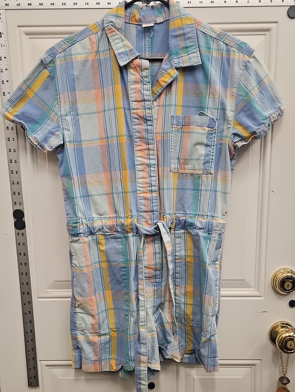 GAP Pastel Plaid Short-Sleeve One-Piece Romper in Blue and Yellow
